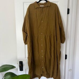 ICHI Antiquités Linen Button Down Midi Dress – Mustard Brown